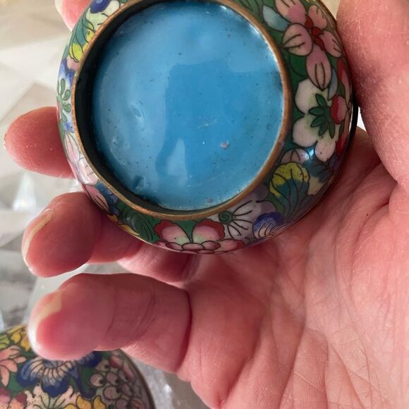 Cloisonné Bird Egg Blue Enamel Floral Vintage Trinket Round Box - Picture 9 of 11